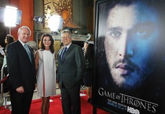 Press Eye - Belfast - Northern Ireland - Tuesday 2nd April 2013 - 

Press Release image - No Fee

The First Minister Rt Hon Peter D Robinson MLA and the deputy First Minister Martin McGuinness MLA confirmed the production of Game of Thrones Series four in Belfast with other filming across local locations.

The Ministers confirmed the return of filming for series four following the announcement by Michael Lombardo, president, Home Box Office (HBO) Programming, that HBO has renewed GAME OF THRONES for a fourth season. Based on the bestselling fantasy book series by George R.R. Martin, GAME OF THRONES is an epic story of treachery and nobility. Series four will receive funding from NI Screen, supported by Invest NI and part funded by the European Regional Development Fund.

The Ministers met with senior HBO executives at the Season 3 premiere in Los Angeles last month, where they took the opportunity to continue to press Northern Ireland’s advantage as a first-class production location, as well as the benefits afforded by the upcoming television tax breaks for the UK, in which the Executive, Northern Ireland Screen and HBO played important roles.

First Minister Peter Robinson and deputy First Minister Martin McGuinness are pictured at last month's launch of 'Game of Thrones'  at the Chinese Theatre in Hollywood Boulevard with Ballycastle Actress Michelle Fairley who plays Catelyn Starkin in Game of Thrones.

Picture by Kelvin Boyes / Press Eye.
