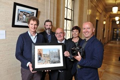 PRESS RELEASE NO FEE FOR REPRODUCTION

10/9/13: “The City Revisited – A Rephotographic Study” part of Derry-Londonderry 2013 UK City of Culture’s flagship community engagement project BT Portrait of a City launches at Parliament Buildings in Stormont. The exhibition merges photographs from the beginning of the 20th Century with pictures from today to give a fascinating juxtaposition of past and present. Pictured from left to right Paul McGuckin, Photographer, Declan Sheehan, Curator Portrait of a City, the Speaker of the Northern Ireland Assembly, William Hay MLA, Rachel Heron Sponsorship Manager BT and Andrew Horsman, Photographer. Picture: Michael Cooper