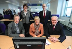 Press Eye - Belfast - Northern Ireland 25th November 2013

BT is creating 165 jobs in Belfast at a new customer service centre.

The company said the posts would support its operations across the UK as required.

BT works in 170 countries and already has 2,300 employees based in several locations in Northern Ireland.

First Minister Peter Robinson and deputy First Minister Martin McGuinness are pictured with BT employee Maria Sullivan, Enterprise Minister Arlene Foster and Colm O'Neill , CEO BT in Northern Ireland.

Picture by Kelvin Boyes / Press Eye.