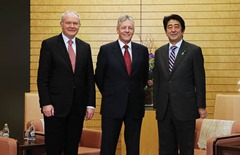 Press Eye - Belfast - Northern Ireland Monday 2nd December 2013

Press Release image 

First Minister Peter Robinson and deputy First Minister Martin McGuinness are leading their first business mission to Japan this week.

The four-day visit follows an invitation extended to the Ministers during the G8 Summit by Japanese Prime Minister Abe. 

During the visit the First Minister and deputy First Minister will meet with political representatives to promote trade, investment and tourism, as well as hold a number of meetings with existing and potential investors.

Peter Robinson and Martin McGuinness are pictured meeting Prime Minister Abe at his office in Tokyo.

Picture by Kelvin Boyes / Press Eye.