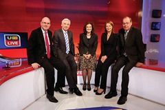 Press Eye - Belfast - Northern Ireland  - 13th August 2013

Press Release Image 

The Secretary of State for Northern Ireland, Theresa Villiers, MP visited UTV today for a tour of its archive. 

Pictured are: Theresa Villiers, MP, Secretary of State for Northern Ireland with UTV Television Managing Director Michael Wilson, presenters Paul Clark and Alison Fleming and political editor Ken Reid in the UTV LIve Studio.
 
Picture by Kelvin Boyes /  Press Eye.