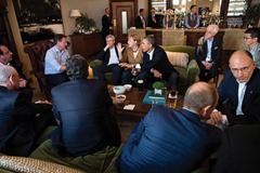 President Barack Obama talks with G8 leaders before a working dinner during the G8 Summit at Lough Erne Resort in Enniskillen, Northern Ireland, June 17, 2013. Leaders, seated counterclockwise from the President, are: German Chancellor Angela Merkel, Canadian Prime Minister Stephen Harper, British Prime Minister David Cameron, French President François Hollande, European Council President Herman Van Rompuy, European Commission President José Manuel Barroso,  Russian President Vladimir Putin and Italian Prime Minister Enrico Letta. (Official White House Photo by Pete Souza) 

This official White House photograph is being made available only for publication by news organizations and/or for personal use printing by the subject(s) of the photograph. The photograph may not be manipulated in any way and may not be used in commercial or political materials, advertisements, emails, products, promotions that in any way suggests approval or endorsement of the President, the First Family, or the White House.