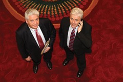 SDLP South Belfast MP Dr Alasdair McDonnell with party colleague Fearghal McKinney arriving the SDLP's annual conference in the Ramada Hotel, Belfast tonight. Dr McDonnell is hosting an economic debate involving business leaders, acadmics and economists at the conference with Mr McKinney acting as compere.Picture Bill Smyth