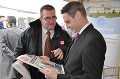 Chairperson of the Committee for Agriculture and Rural Development, Paul Frew MLA, with a Balmoral Show exhibitor