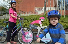 Little Daniel Moriarty (3) and Claire Cassidy gear up for the Family Fun Day event at the Lyric Theatre on Fri 9 May which has prime race-side views of the Giro d'Italia. For more info www.lyrictheatre.co.uk