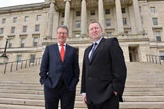 Press Eye - Belfast - Northern Ireland  -  26th March 2014 -  

Picture by Stephen Hamilton / Press Eye 

Ulster Unionist Party Leader, Mike Nesbitt MLA, left, has welcomed Captain Doug Beattie MC to the Ulster Unionist Party. They are pictured at Parliament Buildings, Stormont.