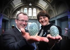 02nd April2014  Photo by William Cherry/Presseye

Enterprise, Trade and Investment Minister Arlene Foster is pictured with Tourism Ireland's Chief Executive, Niall Gibbons and some 'dragon's eggs' which have been a key theme since the Game of Thrones series began.