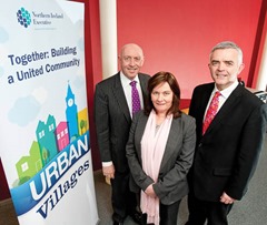 Junior Ministers Jonathan Bell and Jennifer McCann have announced two new Urban Village projects aimed at transforming and regenerating local areas. 
 The new projects will be based in the Markets, Sandy Row and Donegall Pass area of South Belfast and the Bogside and Fountain area of Derry / Londonderry. Photographed with the Ministers is Peter Sheridan, CEO  Co-operation Ireland.