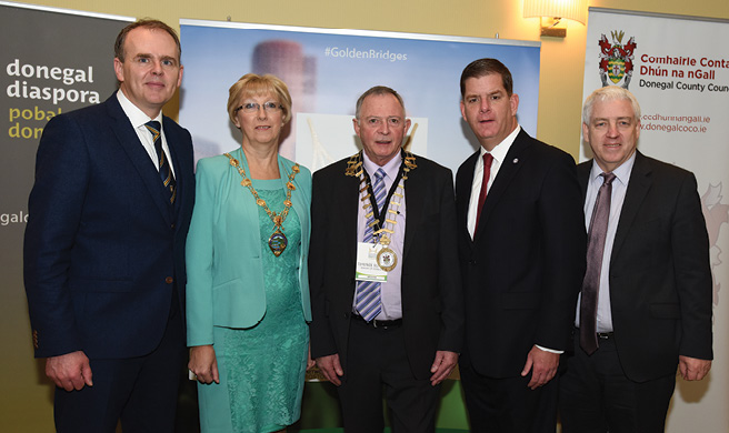 Boston Mayor Marty Walsh pictured with Mayor of Derry City and Strabane District Council, Alderman Hilary McClintock, the Cathaoirleach of Donegal County Council, Cllr Terence Slowey, Joe McHugh, Deputy Minister for the Diaspora and Michael Heaney, Udaras na Gaeltachta.