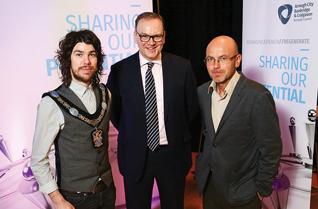 Lord Mayor Councillor Garath Keating, Chief Executive Roger Wilson and entrepreneur Wayne Hemingway MBE at the Sharing Our Potential Conference.