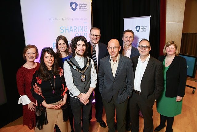 Therese Rafferty, Head of Regeneration; Debra Mountford; Sarah Travers; Lord Mayor Councillor Garath Keating; Roger Wilson, Chief Executive; Wayne Hemingway MBE; David Gavaghan; Dr. Steve Millington and Olga Murtagh, Strategic Director Place.