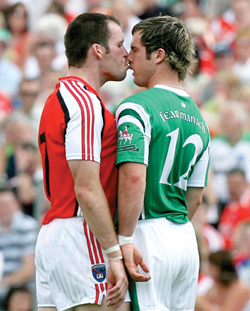 Armagh's Ciaran McKeever and Fermanagh's Ryan Keenan get up close and personal