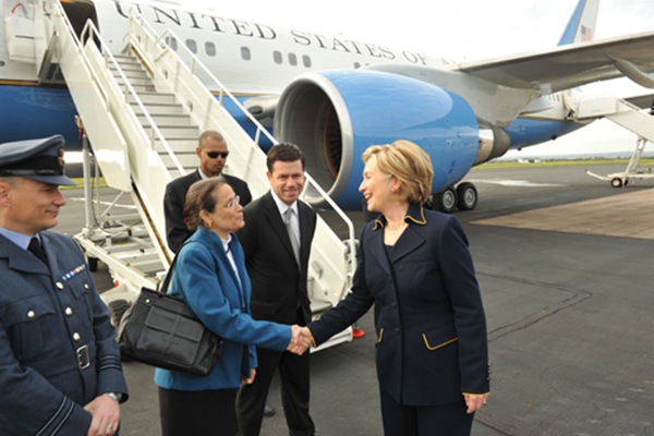 Greeting Hillary Clinton as she arrived in Northern Ireland in October.