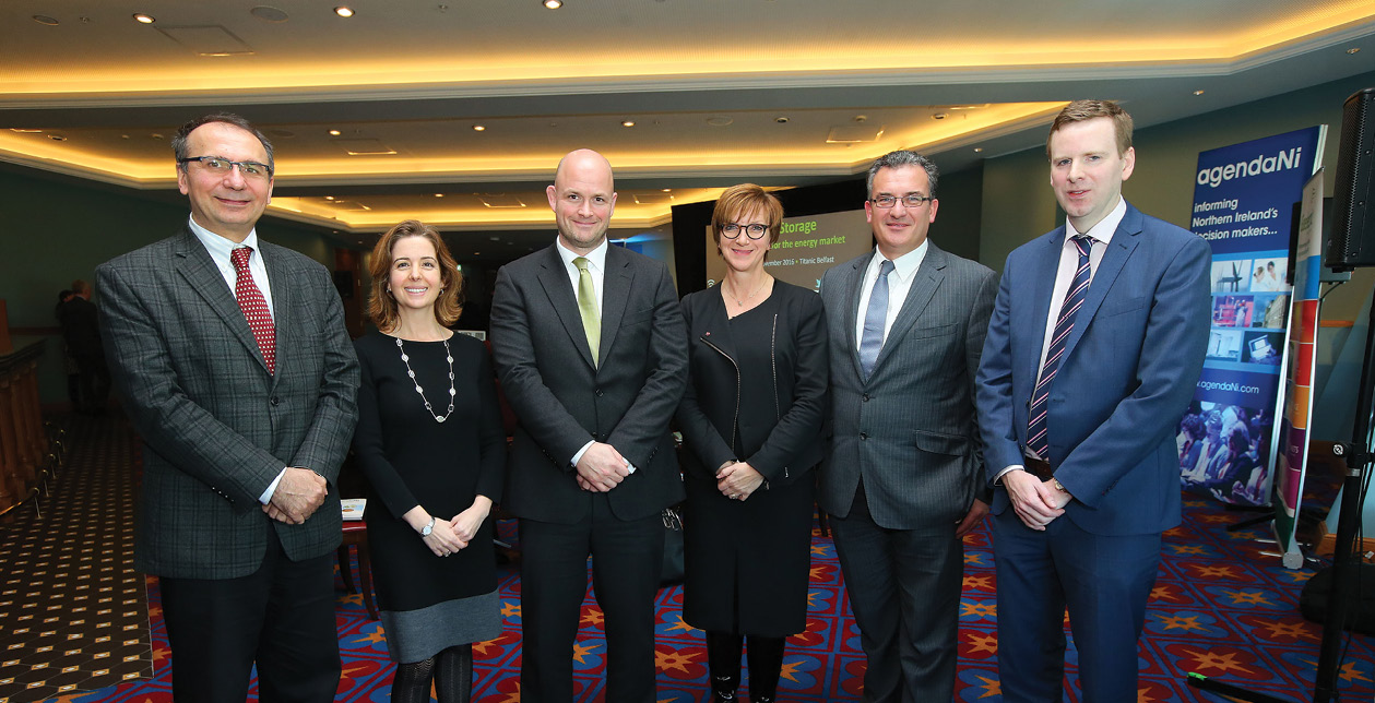 L-R, Professor Goran Strbac, Chair in Electrical Energy Systems, Imperial College London; Carla Tully, President, AES; Patrick McClughan, Head of Corporate Affairs, Gaelectric; Nina Skorupska, Chief Executive, Renewable Energy Association; Mark Norton, Network Planning Manager, EirGrid; Colin Broomfield, Manager of Wholesale Markets, Utility Regulator.
