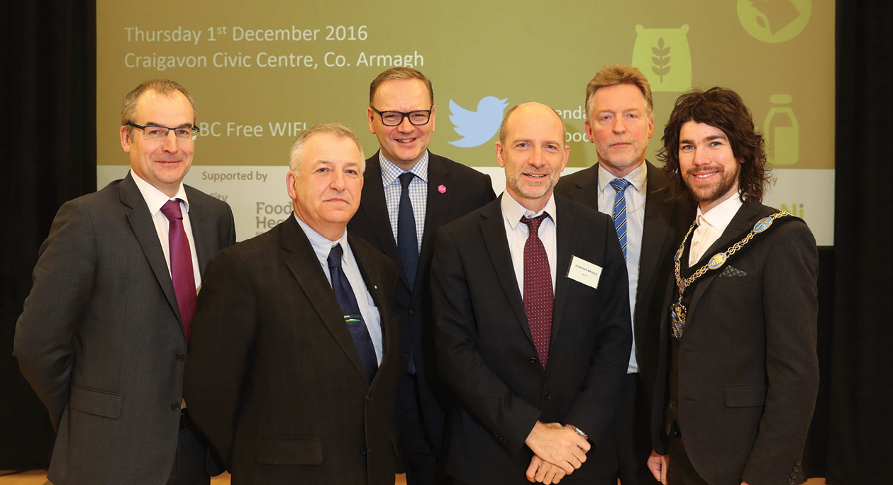L-R, Martin McKendry, Director, College of Agriculture Food & Rural Enterprise, Gerry Boyle, Director, Teagasc, Roger Wilson, Chief Executive, Armagh City, Banbridge and Craigavon Borough Council, Jonathan Brooks, Head of Division, Agro-food, Trade and Markets, OECD, Richard Halleron, Agricultural Journalist and Councillor Garath Keating, Lord Mayor, Armagh City, Banbridge and Craigavon Borough.