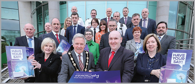 Pictured at the launch of the Lisburn & Castlereagh Draft Community Plan are the Mayor, Councillor Brian Bloomfield MBE; Chairman of the Strategic Community Planning Partnership, Alderman William Leathem; Chief Executive of Lisburn & Castlereagh City Council, Dr Theresa Donaldson and representatives from partner organisations.
